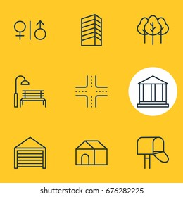 Vector Illustration Of 9  Icons. Editable Pack Of Toilet, Skyscraper, Bench And Other Elements.