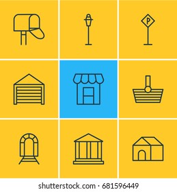Vector Illustration Of 9  Icons. Editable Pack Of Basket, Mail Box, Parking And Other Elements.