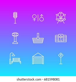 Vector Illustration Of 9  Icons. Editable Pack Of Basket, Toilet, Semaphore And Other Elements.