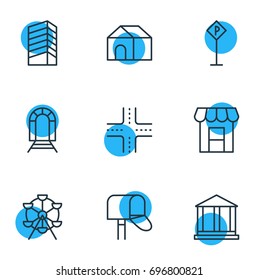 Vector Illustration Of 9  Icons. Editable Pack Of Skyscraper, Courthouse, Mail Box And Other Elements.