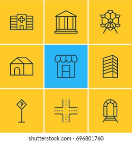Vector Illustration Of 9  Icons. Editable Pack Of Awning, Clinic, Road Sign And Other Elements.