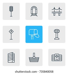 Vector Illustration Of 9  Icons. Editable Pack Of Subway, Road Sign, Basket And Other Elements.