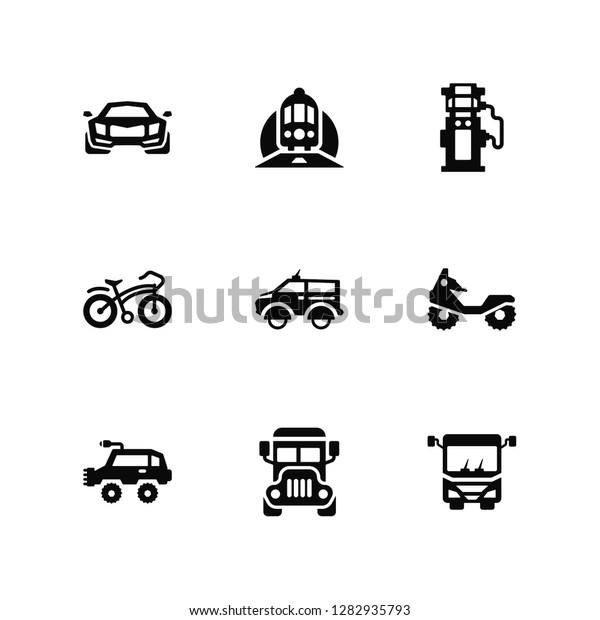 Vector Illustration Of 9\
Icons. Editable Pack Sports car, Train in a Tunnel, All terrain\
vehicle, People carrier, Modern bus, School Vintage Bicycle, Fuel\
dispenser
