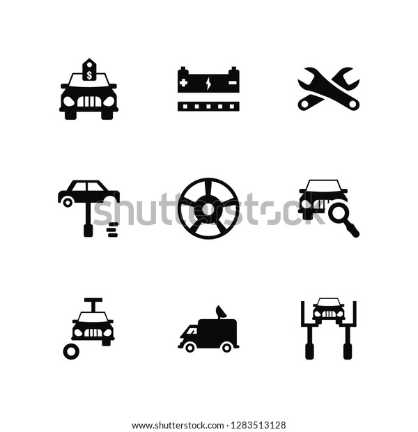 Vector Illustration Of 9 Icons. Editable Pack\
Brand new car with dollar price tag, Car battery, Changing Tire,\
front In Magnifier Glass, Cart\
wheel