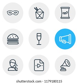 Vector illustration of 9  icons line style. Editable set of gramophone, chinese food, burger and other icon elements.
