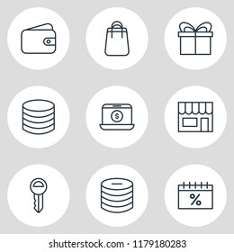 Vector illustration of 9  icons line style. Editable set of gift, pay, shop and other icon elements.