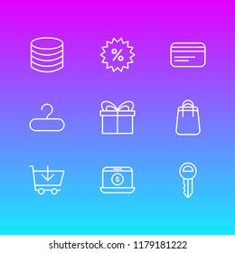 Vector illustration of 9  icons line style. Editable set of hanger, bag, auction and other icon elements.