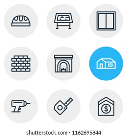 Vector illustration of 9 industry icons line style. Editable set of window, worker hat, sell house and other icon elements.
