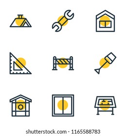 Ilustración vectorial de 9 iconos de la industria estilo de línea. Conjunto editable de llave, casa, barrera y otros elementos de icono.