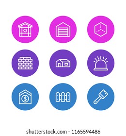 Vector illustration of 9 industry icons line style. Editable set of house 3d, garage, home and other icon elements.