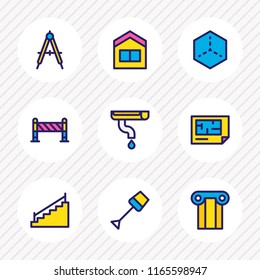 Vector illustration of 9 industry icons colored line. Editable set of house 3d, spade, barrier and other icon elements.