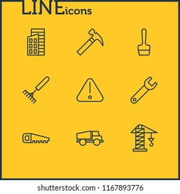 Vector illustration of 9 industry icons line style. Editable set of warning, rake, building and other icon elements.