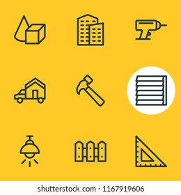 Vector illustration of 9 industry icons line style. Editable set of hammer, drill, ruler and other icon elements.