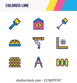 Vector illustration of 9 industry icons colored line. Editable set of brush, spade, compass and other icon elements.