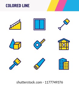 Vector illustration of 9 industry icons colored line. Editable set of saw, building, window and other icon elements.