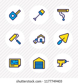 Vector illustration of 9 industry icons colored line. Editable set of gutter, shovel, tape and other icon elements.