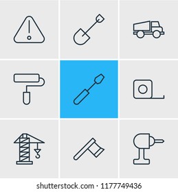 Vector illustration of 9 industry icons line style. Editable set of warning, ruler, paintbrush and other icon elements.