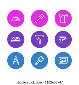 Vector illustration of 9 industry icons line style. Editable set of column, drill, brush and other icon elements.