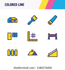 Vector illustration of 9 industry icons colored line. Editable set of planning, saw, barrier and other icon elements.
