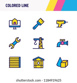 Vector illustration of 9 industry icons colored line. Editable set of drill, water crane, buy house online and other icon elements.