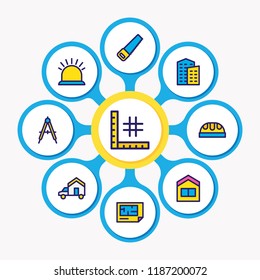 Vector illustration of 9 industry icons colored line. Editable set of moving, saw, plan and other icon elements.