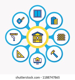 Vector illustration of 9 industry icons colored line. Editable set of window, hammer, building and other icon elements.