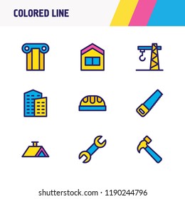 Vector illustration of 9 industry icons colored line. Editable set of saw, column, roof and other icon elements.