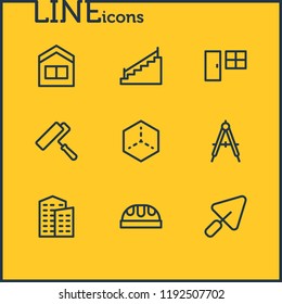 Vector illustration of 9 industry icons line style. Editable set of door with window, shovel, building and other icon elements.