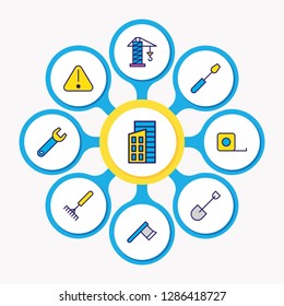 Vector illustration of 9 industry icons colored line. Editable set of rake, axe, shovel and other icon elements.