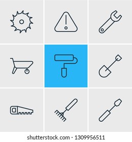 Vector illustration of 9 industry icons line style. Editable set of handsaw, warning, shovel icon elements.