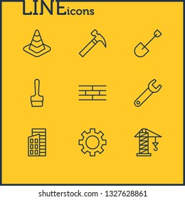 Vector illustration of 9 industry icons line style. Editable set of brush, building, cone and other icon elements.