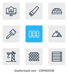 Vector illustration of 9 industry icons line style. Editable set of fence, brush, crane and other icon elements.