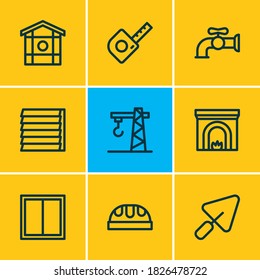 Vector illustration of 9 industry icons line style. Editable set of window, worker hat, water crane and other icon elements.