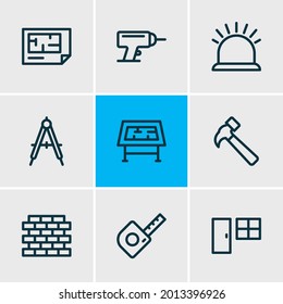 Vector illustration of 9 industry icons line style. Editable set of compass, brick, drawing table and other icon elements.