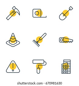 Vector Illustration Of 9 Industry Icons. Editable Pack Of Apartment, Hacksaw, Handle Hit Elements.
