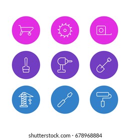 Vector Illustration Of 9 Industry Icons. Editable Pack Of Turn Screw, Circle Blade, Spade And Other Elements.
