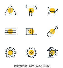 Vector Illustration Of 9 Industry Icons. Editable Pack Of Handcart, Measure Tape, Circle Blade Elements.