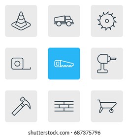 Vector Illustration Of 9 Industry Icons. Editable Pack Of Handle Hit, Measure Tape, Lorry Elements.