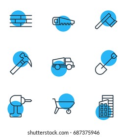 Vector Illustration Of 9 Industry Icons. Editable Pack Of Handcart, Lorry, Handle Hit Elements.