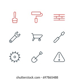 Vector Illustration Of 9 Industry Icons. Editable Pack Of Barrier, Roller, Handcart Elements.