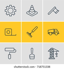 Vector Illustration Of 9 Industry Icons. Editable Pack Of Measure Tape, Lifting, Harrow And Other Elements.