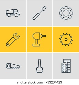 Vector Illustration Of 9 Industry Icons. Editable Pack Of Cogwheel, Turn Screw, Apartment And Other Elements.