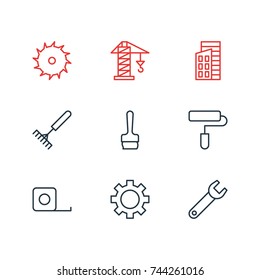 Vector Illustration Of 9 Industry Icons. Editable Pack Of Harrow, Cogwheel, Measure Tape And Other Elements.