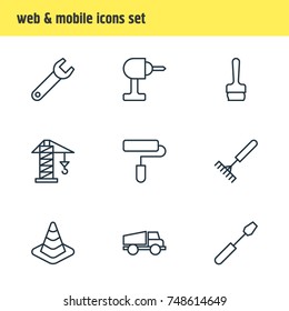 Vector Illustration Of 9 Industry Icons. Editable Pack Of Caution, Lifting, Paintbrush And Other Elements.