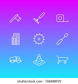 Vector Illustration Of 9 Industry Outline Icons. Editable Set Of Circle Blade, Harrow, Apartment And Other Elements.