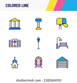 Vector illustration of 9 infrastructure icons colored line. Editable set of academy, park, street light and other icon elements.