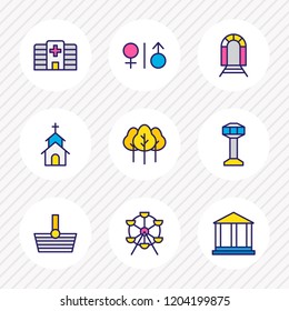 Vector illustration of 9 infrastructure icons colored line. Editable set of carousel, wc, airport and other icon elements.