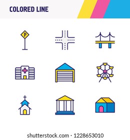Vector illustration of 9 infrastructure icons colored line. Editable set of academy, hospital, carousel and other icon elements.