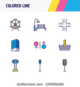 Vector illustration of 9 infrastructure icons colored line. Editable set of traffic light, wc, shopping and other icon elements.