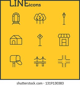 Vector illustration of 9 infrastructure icons line style. Editable set of bridge, crossroad, house and other icon elements.
